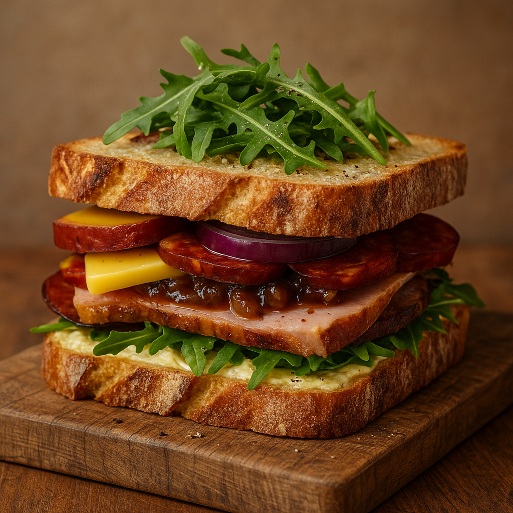 A gourmet sandwich stacked with toasted rustic bread, layers of ham, cheddar cheese, chorizo slices, red onion, arugula, chutney, and mustard mayo, presented on a wooden board.