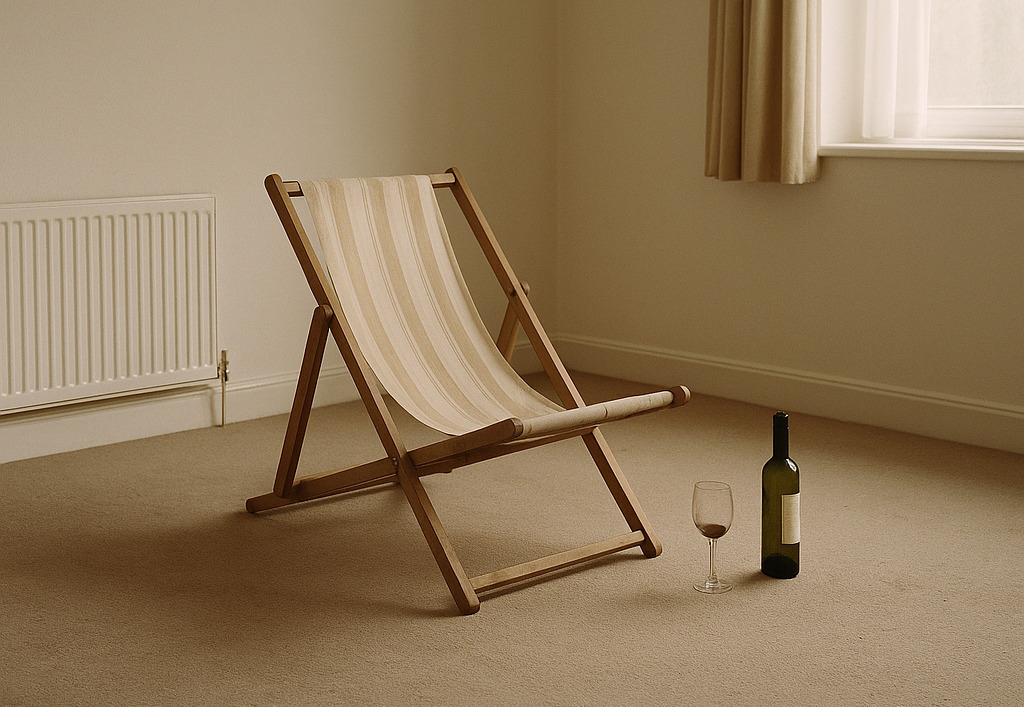 A nearly empty living room with cream-coloured carpet and curtains. In the centre sits a striped wooden deckchair. Beside it on the floor are an empty wine bottle and a dirty wine glass with red wine residue. Fuck off. It's normal.