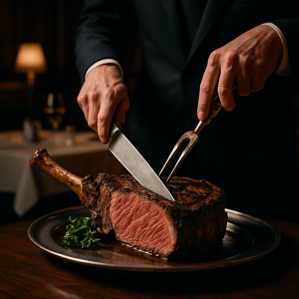 A waiter in a dark suit carves a thick côte de boeuf steak on a silver platter under warm, dim lighting. The steak is cooked medium-rare with a rich pink centre and seared crust, while elegant restaurant tables and soft lamps glow in the background.