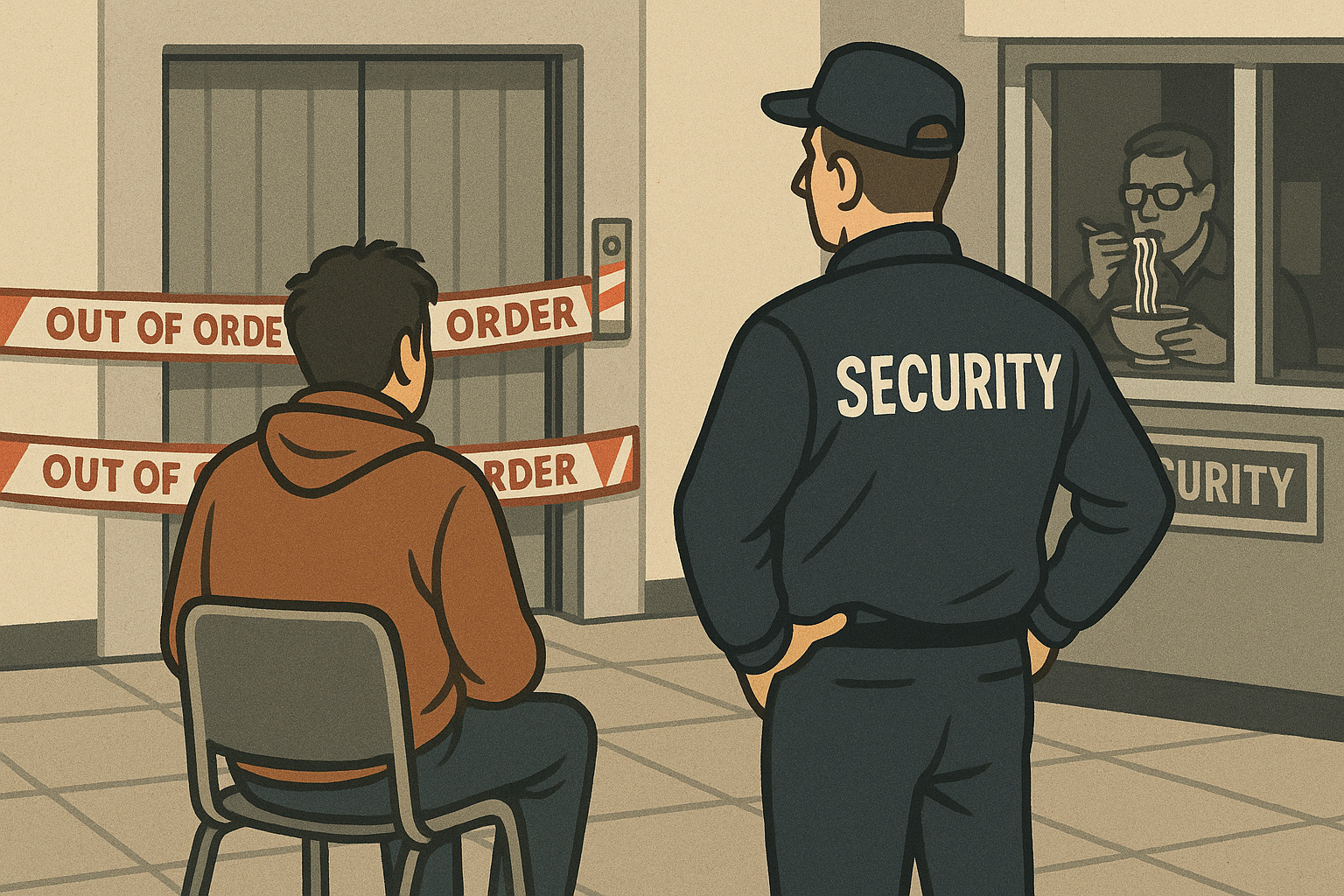 A cartoon-style illustration of a man sitting on a chair facing a taped-off Out of Order lift. His back is to the viewer. A security guard stands nearby with SECURITY on his jacket, also facing the lift. In the background, another guard is visible behind glass, eating noodles. The scene feels absurdly calm given the situation.