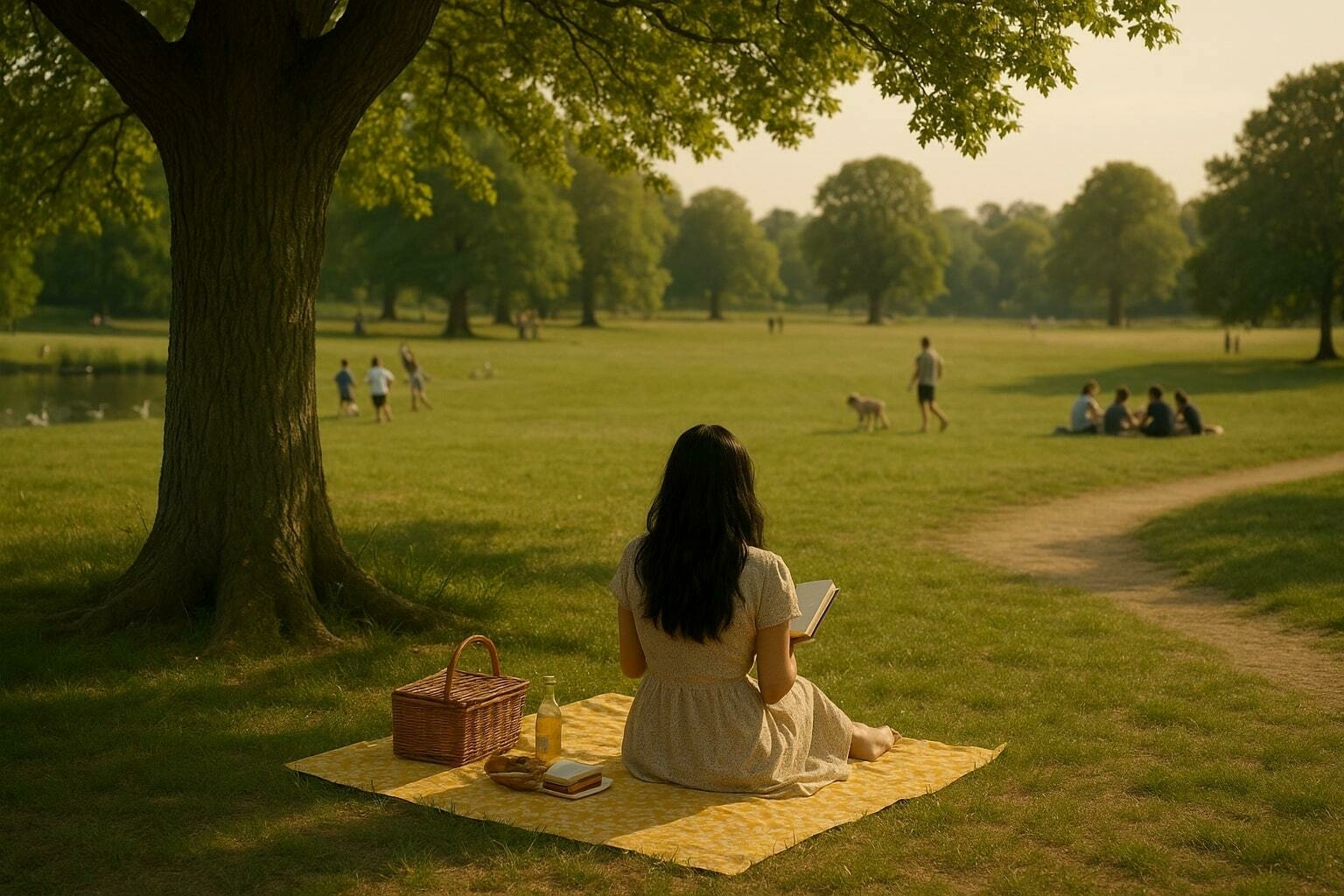 A young woman with long dark hair sits alone on a yellow picnic blanket beneath a large tree in a sunlit park. Her back is to the camera as she reads a book, with a wicker hamper and a bottle of lemonade beside her. In the distance, children play near a pond and small groups sit on the grass, all bathed in soft, golden light.
