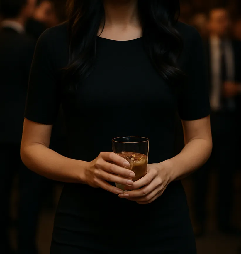 Jadyn in a fitted black dress holding a drink with both hands. Her face is out of frame. The background is blurred with suited figures.