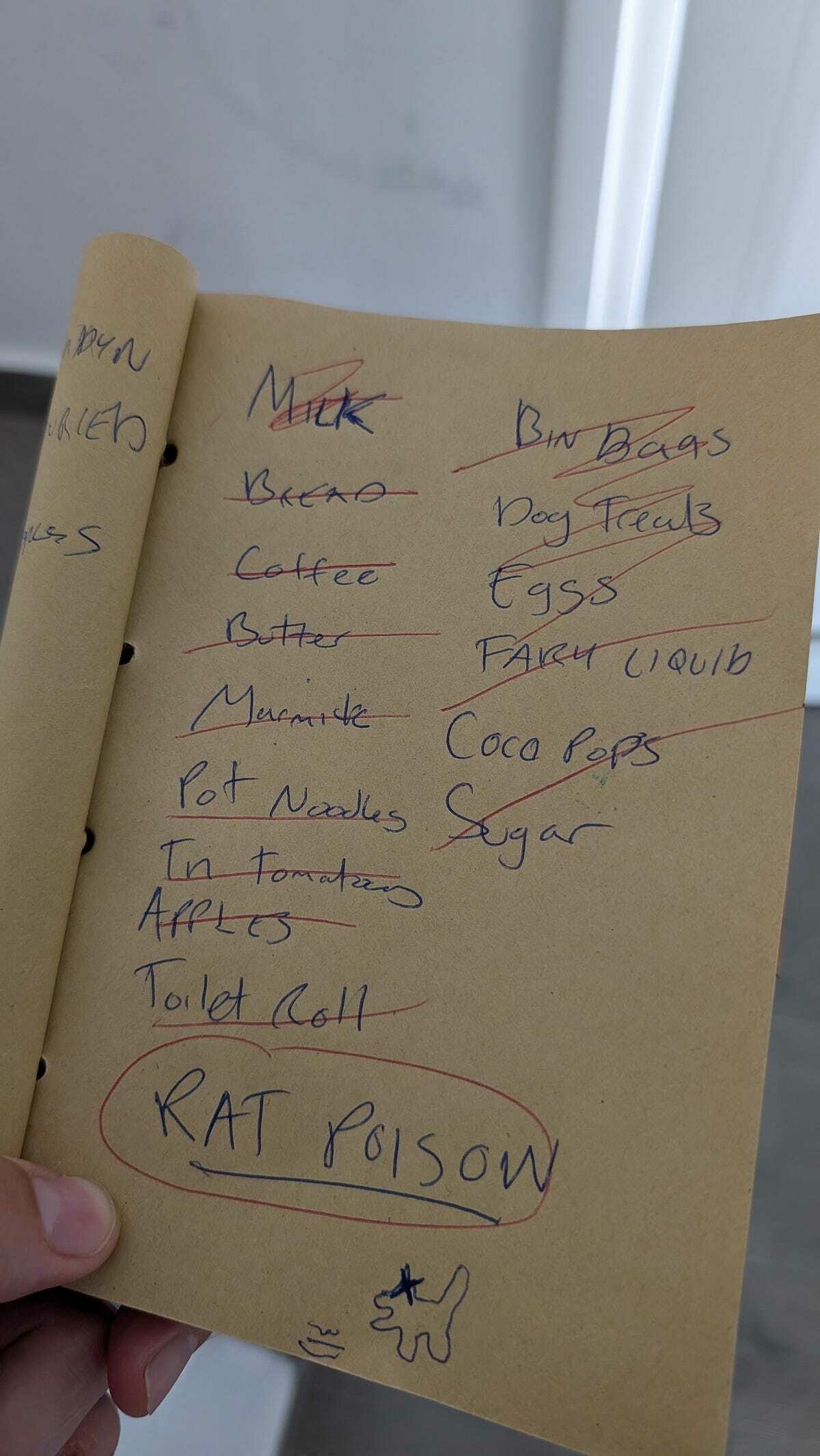 A handwritten shopping list includes items like milk, bread, coffee, and ends with RAT POISON accompanied by a small doodle of a dog.