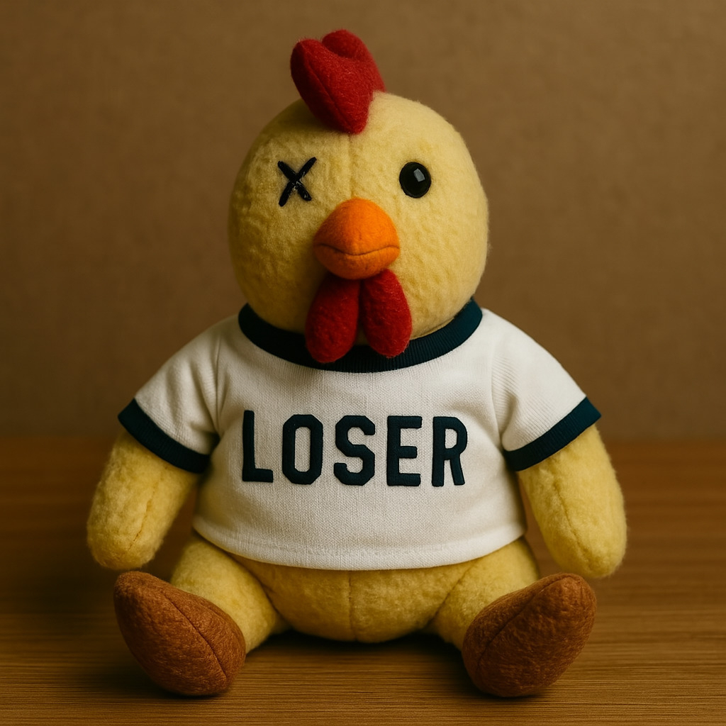 A plush yellow chicken toy with a red comb and orange beak sits on a wooden surface against a brown backdrop. It wears a white T-shirt with navy blue trim that reads LOSER in bold letters. One of its eyes is marked with a stitched X, giving it a slightly worn, defeated look.