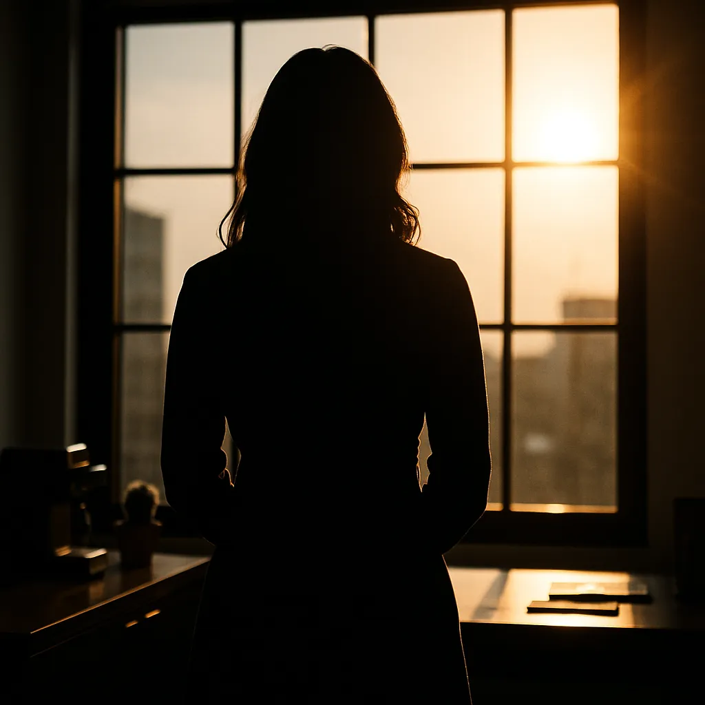 Silhouette of a woman standing in front of a large office window, with sunlight streaming in behind her and casting a soft glow around her figure. There's a cactus on the desk.