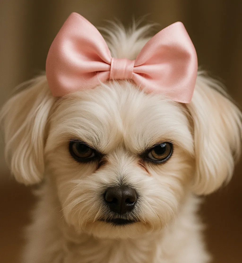 A close-up of a small white Maltese dog wearing a shiny pink satin bow. The dog's fur is soft and well-groomed, but its eyes are dark, intense, and slightly narrowed, giving it an unsettling, almost menacing expression.