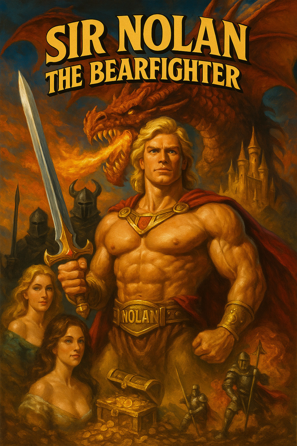 A heroic, golden-haired knight stands triumphant on a mountaintop, bare-chested and glowing, surrounded by swooning maidens, slain dragons, adoring peasants, and jealous knights in the background. A majestic castle gleams behind him. The whole scene is painted in the style of an over-the-top 1980s fantasy movie poster. King Nolan is me, Jolon.